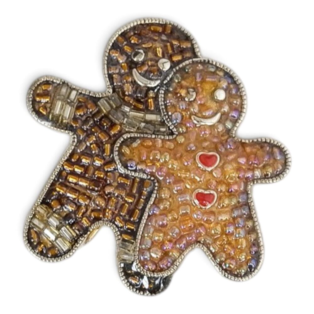 Vintage Signed Liz Claiborne Beaded Gingerbread Men Brooch Gold Tone Pin